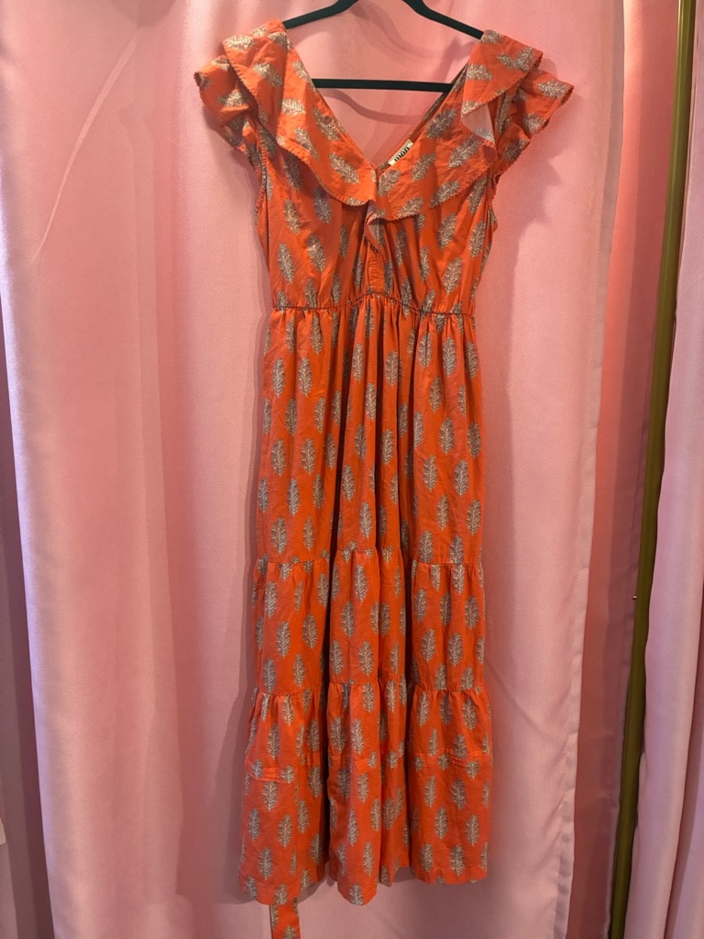 Mon CoCo Orange Metallic Silver Leaf‎ Printed Tiered Maxi Dress Medium